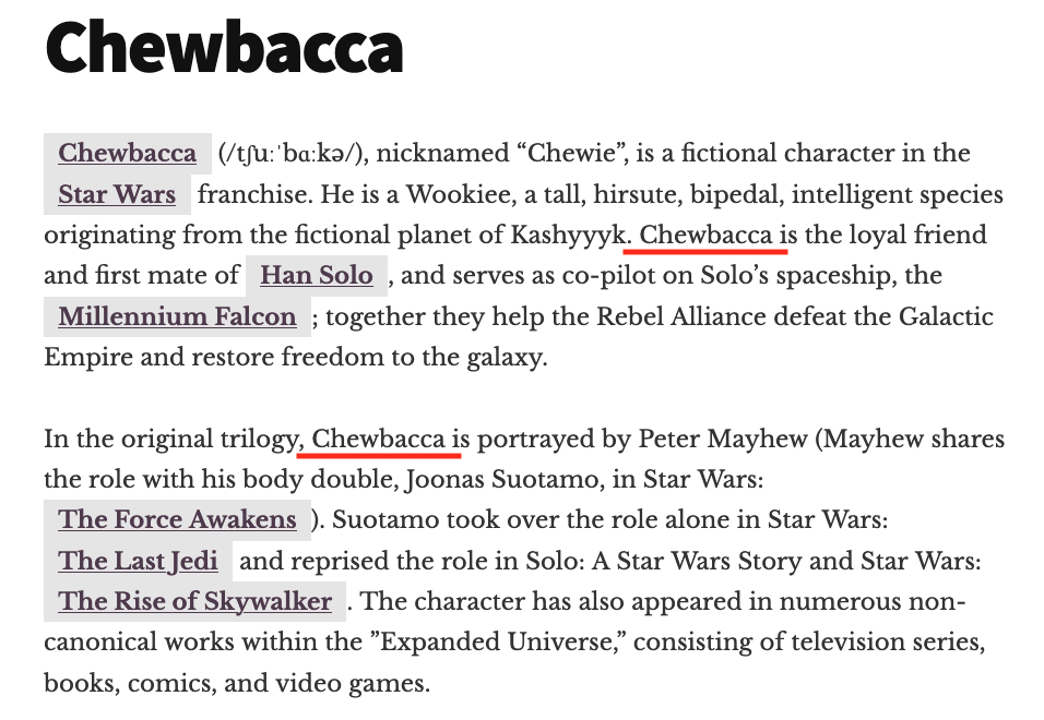 The key term Chewbacca is linked to its definition only the first time it appears in the page. 