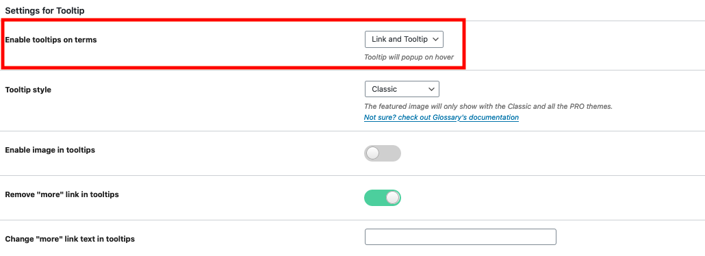 Settings for adding tooltips to your terms