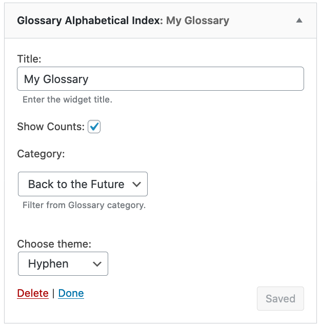 Glossary Alphabetical Index Widget